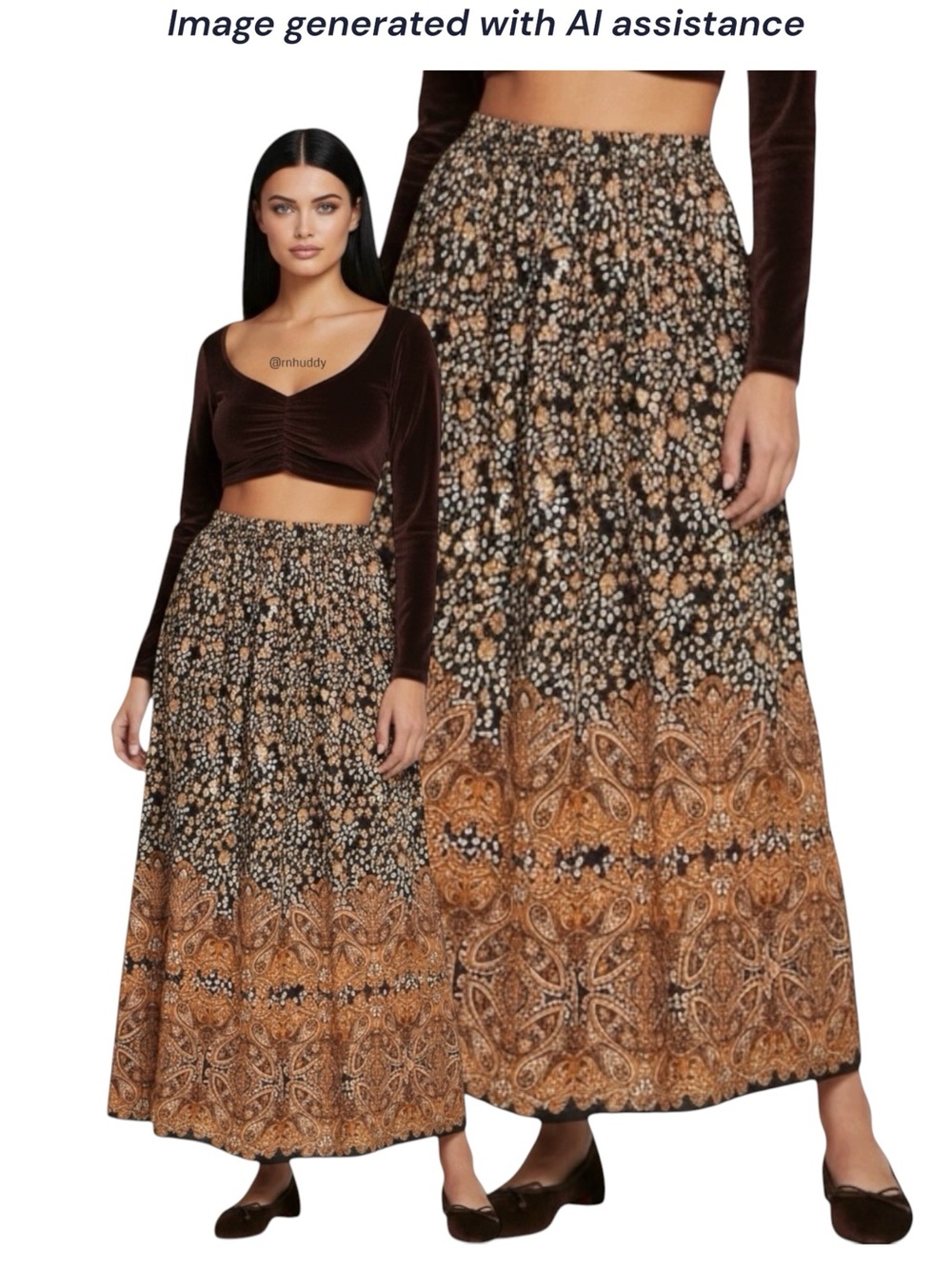 Gypsie Blu L brown printed long skirt
